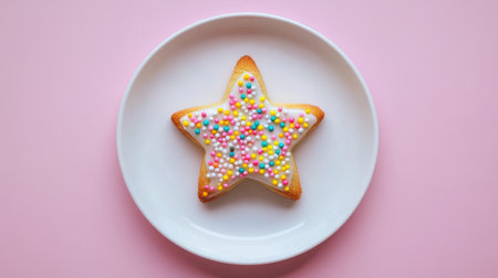 A star-shaped cookie with colorful sprinkles, resting on a white plate against a festive background.の素材