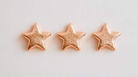 A row of golden stars arranged in a 5-star rating layout on a clean, white background.の素材