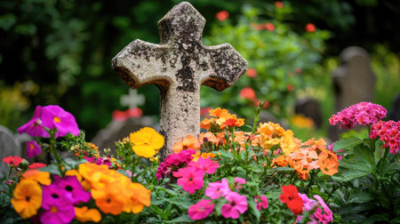 A stone cross surrounded by vibrant flowers in a serene cemetery, evoking a sense of peace and remembrance.の素材