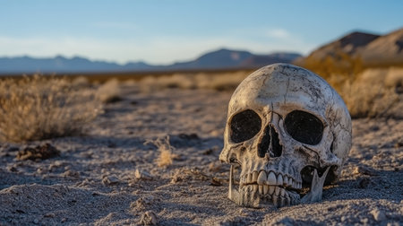 A skull in a desert landscape, cracked and weathered, symbolizing time and the harsh elements.の素材