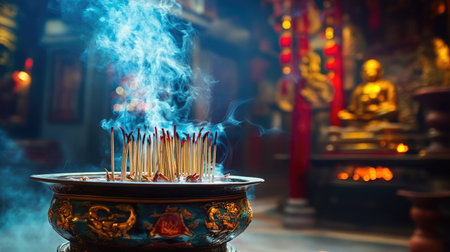 Thin wisps of white smoke curling upward from incense, creating an ethereal and calming atmosphere.の素材
