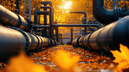 A maze of modern industrial pipes framed by the golden glow of scattered autumn leaves in an outdoor setting.の素材