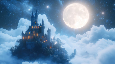 A dreamlike castle illuminated by a bright full moon, with soft clouds framing the magical night scene.の素材