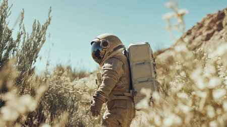 Man in spacesuit tending to a Martian flowerbed, showcasing the union of space exploration, science, and innovation.の素材