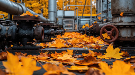 Industrial pipelines and valves in a factory setting, scattered with fallen orange and yellow autumn leaves.の素材