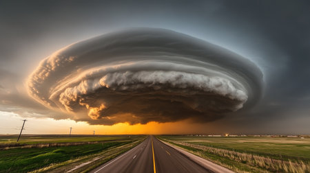 A menacing sky over a highway stretching into the distance, with storm clouds swirling above. No people included.の素材