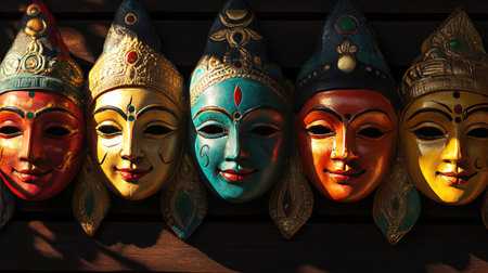 A set of traditional Indian hand-painted masks glowing in golden light.の素材
