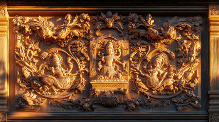 Carved wooden panels depicting Indian mythology glowing in sunlight.の素材