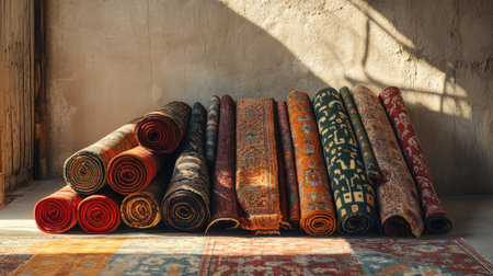 Sunlit Indian carpets with Persian-inspired patterns rolled and stacked.の素材