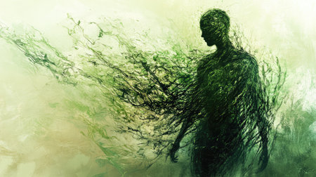 Abstract art of vinelike lines enveloping a human figure, blending soft green tones with nature texturesの素材