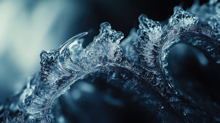 Stunning macro shot of icy filigree designs spreading across a cold glass surface, highlighting natural artistryの素材