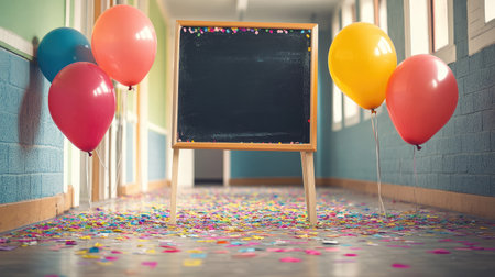 Balloons and confetti in a school hallway, framing a blackboard with space for an end-of-year messageの素材