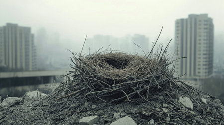 A bird nest in a polluted cityscape, emphasizing the effects of air pollution on wildlife.の素材