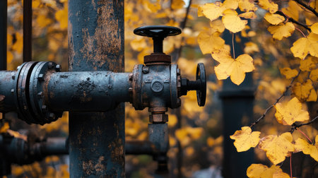 Shiny industrial pipes and valves surrounded by golden autumn leaves, contrasting metal with seasonal beauty.の素材