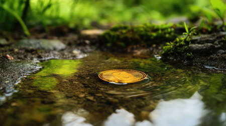 A golden coin floats in a clear puddle, surrounded by nature's vibrant greenery, creating a serene, reflective sceneの素材