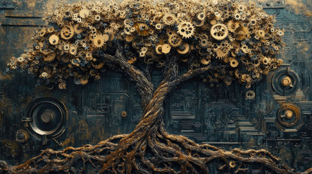 An elegant tree, its roots forming mechanical gears and digital circuits, reflecting a balance of traditional values and cutting-edge leadershipの素材