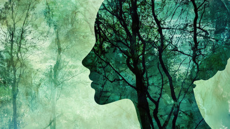 Abstract profile silhouette with vinelike patterns merging into forest textures and gentle green huesの素材