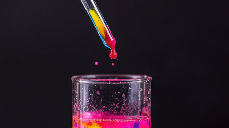 A macro shot of a pipette dropping colored liquid into a transparent beaker.の素材