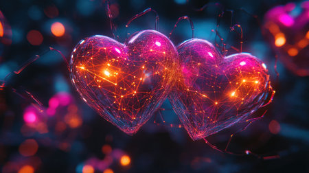 Cyberpunk-inspired interconnected hearts glowing brightly, symbolizing the digital workforce in vivid huesの素材
