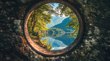 A perfect circular mirror reflecting a serene landscape, blending natural beauty with symmetry.の素材