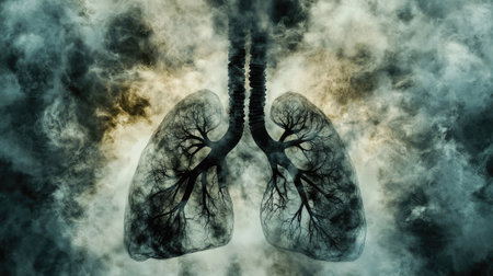 A concept image of human lungs overlaid with smoke and pollutants, illustrating the impact of air pollution on health.の素材