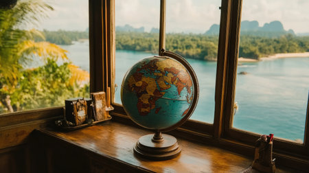 A close-up of an antique globe with intricate geographical details, placed on a wooden desk.の素材