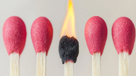 Close-up of a burning matchstick with a row of identical unlit matches, representing the power of one idea.の素材