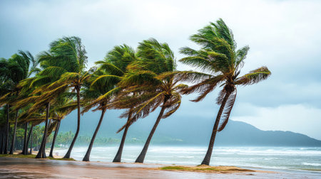 A tropical storm with heavy rain and wind whipping through palm trees near a beach. No people included.の素材