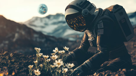 Man in a modern spacesuit placing delicate flowers into Martian soil, with Earth faintly visible in the sky.の素材