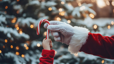 Santa gloved hand handing a candy cane to a child, against a backdrop of snow-covered trees and Christmas cheerの素材