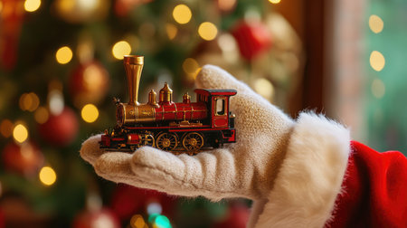 Santa gloved hand holding a small toy train, with a warm holiday scene filled with decorations in backgroundの素材