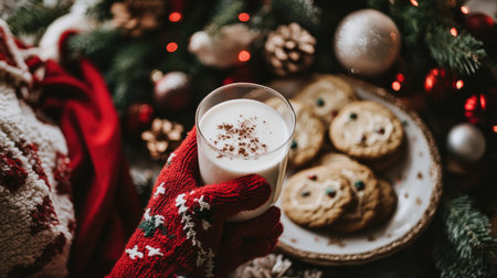 Santa gloved hand holding a glass of milk, next to a plate of cookies on a table with holiday decorationsの素材