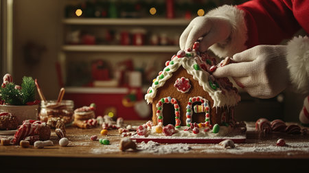 Santa gloved hands decorating a gingerbread house with frosting and candies, festive kitchen setting in backgroundの素材