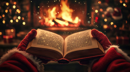 Santa gloved hands holding an open book, reading a Christmas story by a glowing fire in a decorated roomの素材