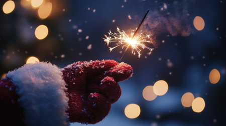 Santa gloved hand holding a twinkling sparkler, celebrating Christmas against a snowy night skyの素材