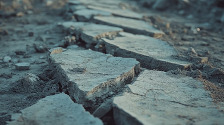 Broken cement pieces aligned in a line on the ground, highlighting rough surfaces and a demolition sceneの素材