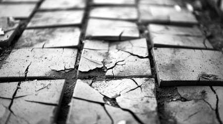 Close-up of broken tiles in a line, showcasing rough edges, cracks, and dust for a construction themeの素材