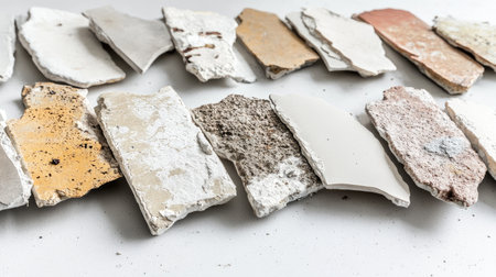 Broken tile fragments aligned in a line, capturing rugged textures and jagged edges in construction detailの素材