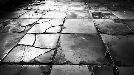 Broken tiles along a line on the floor, highlighting jagged edges, cracked surfaces, and a raw construction vibeの素材