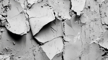 Close-up of cement fragments in a rough line, showing fractured surfaces and rugged details in a demolition zoneの素材