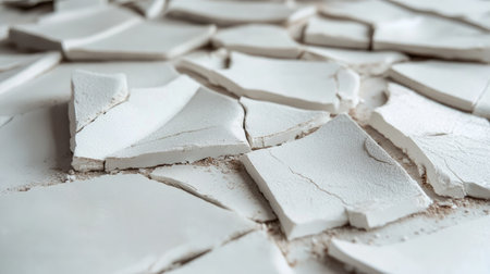 Detailed view of broken tile edges along a construction line, revealing jagged breaks and sharp surfacesの素材