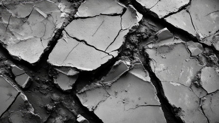 Close-up of jagged cement fragments on a construction site, showing cracks and rugged surfaces in a linear layoutの素材