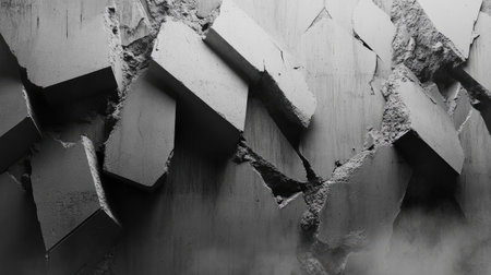 Shattered cement fragments in a straight line, with jagged edges and dust creating a raw construction vibeの素材