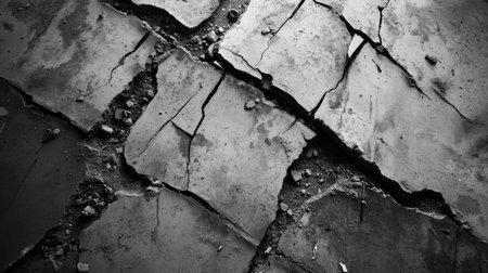 Line of broken cement chunks on the floor, highlighting raw textures, sharp edges, and construction debrisの素材