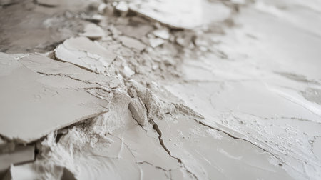 Close-up of a line of fractured tiles with visible cracks, rough edges, and a construction site aestheticの素材
