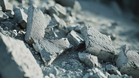 Detailed close-up of broken cement chunks scattered in a line, emphasizing sharp, uneven edges on a construction siteの素材