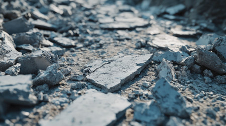 Detailed close-up of broken cement chunks scattered in a line, emphasizing sharp, uneven edges on a construction siteの素材
