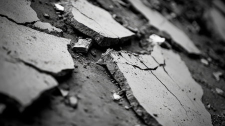 Detailed close-up of broken cement chunks scattered in a line, emphasizing sharp, uneven edges on a construction siteの素材