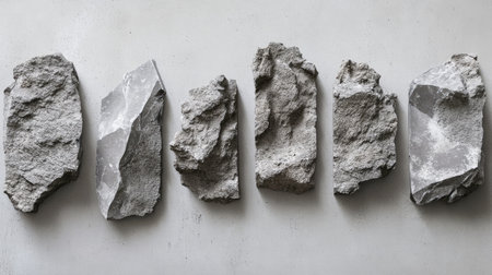 Rough cement fragments in a line, showcasing cracked surfaces, dust, and rugged textures for a construction themeの素材