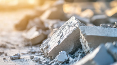 Close-up of rough cement fragments scattered in a line, showing sharp edges and raw texture in a construction sceneの素材